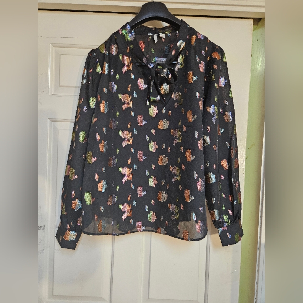 Sheer Black Blouse with Colorful Multi- Floral Shiny Pattern